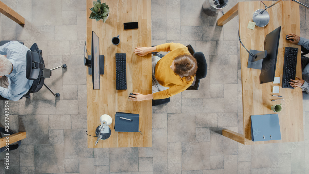 Poster top view shot in the office: diverse group of business startup employees sitting at their desks work