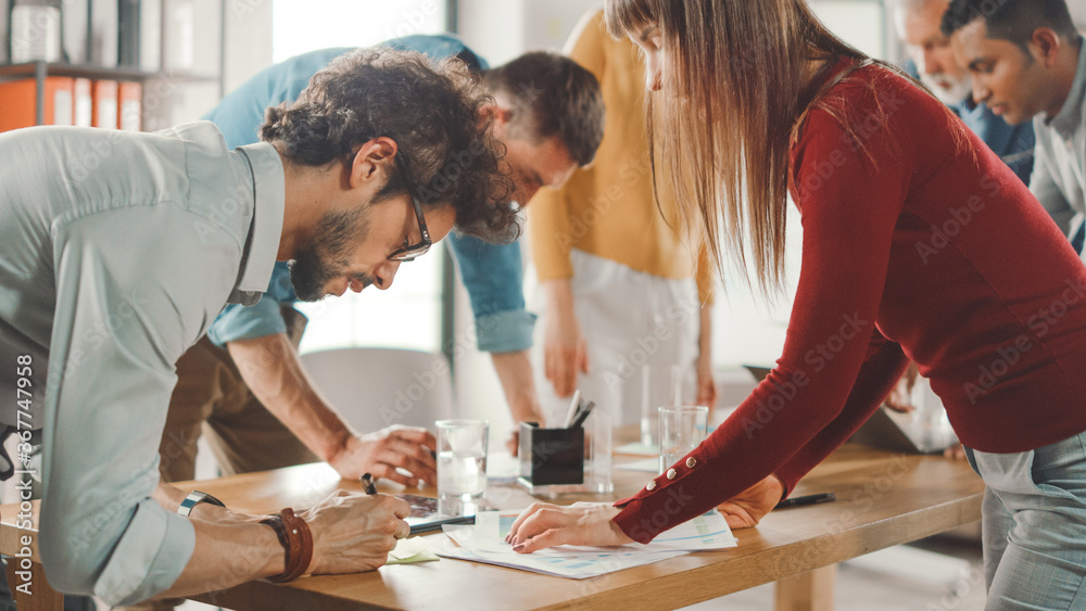 Poster startup meeting room team of entrepreneurs gather around conference table have discussions, solve pr