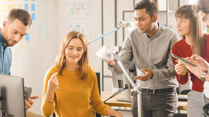 In the Modern Office: Diverse Group of Colleagues Have Meeting, Develop Strategy, Discuss Project Progress, Customer Experience Management also Have a bit Of Fun and Jokes.