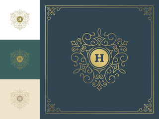 Vintage logo monogram template vector golden elegant flourishes ornaments.