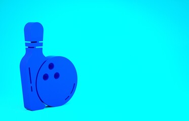 Blue Bowling pin and ball icon isolated on blue background. Sport equipment. Minimalism concept. 3d illustration 3D render.