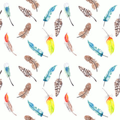 Seamless watercolor feather pattern background. Endless colorful texture. Hand drawn
