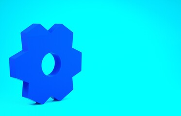 Blue Gear icon isolated on blue background. Cogwheel gear settings sign. Cog symbol. Minimalism concept. 3d illustration 3D render.