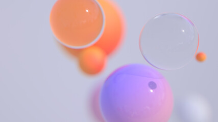 Minimal simple and beautiful color abstract background. Multicolor 3d spheres or balls floating on white background. Wallpaper or template. Low depth of field