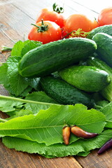 Fresh vegetables - cucumbers, tomatoes. currant leaves, horseradish leaves, dill, for making pickles for the winter