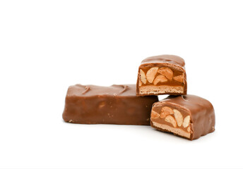 dark chocolate with nuts and caramel on a white background