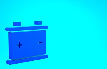 Blue Car battery icon isolated on blue background. Accumulator battery energy power and electricity accumulator battery. Minimalism concept. 3d illustration 3D render.