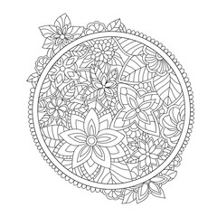 Decorative flowers and leaves with simple pattern in round shape on white isolated background. For coloring book pages.
