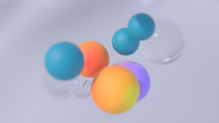 Minimal simple and beautiful color abstract background. Multicolor 3d spheres or balls floating on white background. Wallpaper or template. Low depth of field