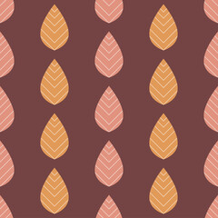 Decorative yellow and pink leaves on red-brown background. Seamless natural pattern. Suitable for textile, packaging.
