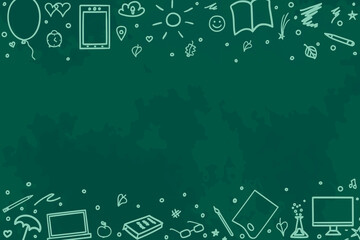 Back to school. Abstract blackboard. Sketchy background with hand drawn school supplies