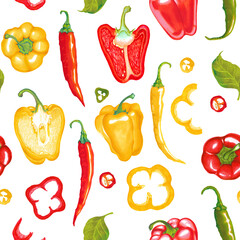 Watercolor illustration of red, yellow, green, paprika bell pepper chili pepper with leaves seamless patern