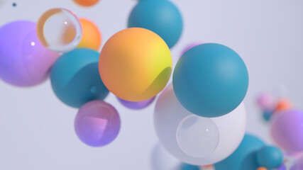 Minimal simple and beautiful color abstract background. Multicolor 3d spheres or balls floating on white background. Wallpaper or template. Low depth of field