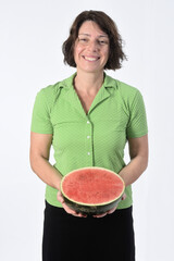 woman with watermelon on white background