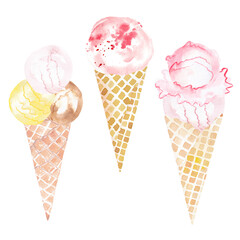 Watercolor ice cream. Hand drawn illustration. Colorful scoops. Watercolor splash splatters