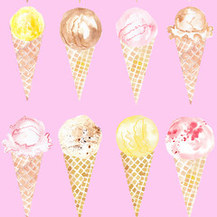 Watercolor ice cream seamless pattern