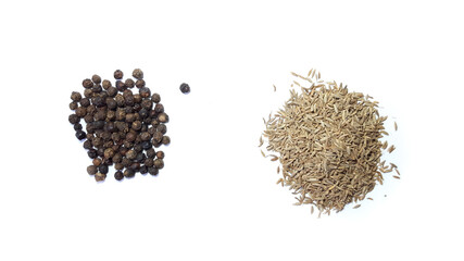 Cumin Seeds & Black Pepper Isolated on White Background