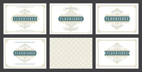 Vintage ornament greeting cards set templates flourish ornate frames and pattern background vector illustration