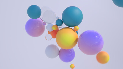 Minimal simple and beautiful color abstract background. Multicolor 3d spheres or balls floating on white background. Wallpaper or template. Low depth of field