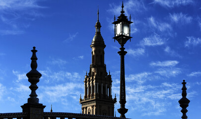 Fototapeta na wymiar silhouettes of the Plaza de Espana (Spain Square), Seville, Spain