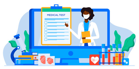 Online patient medical consultation and support chat set. Online doctor app messenger. Healthcare services, Ask a doctor. Family doctor on the computer screen. Tele medicine banner.