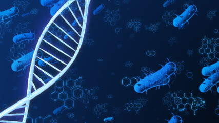 DNA Genetic Cell 3D Rendering Molecule Structure Science And Technology Concept Illustration. Chemistry Biological Gene Cell Infographic Abstract Background.