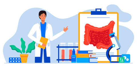 Digestive system health. Treat dysbiosis, harmful bacteria, intestine doctor examine. Doctor appointment. Online consultation. Diagnosis of the bowel. Inflammation, colitis, dysbacteriosis.
