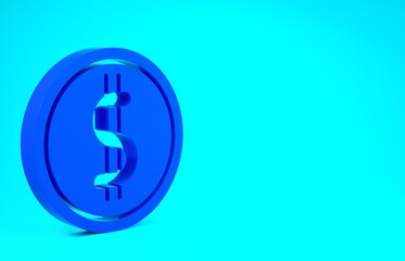 Blue Coin money with dollar symbol icon isolated on blue background. Banking currency sign. Cash symbol. Minimalism concept. 3d illustration 3D render.