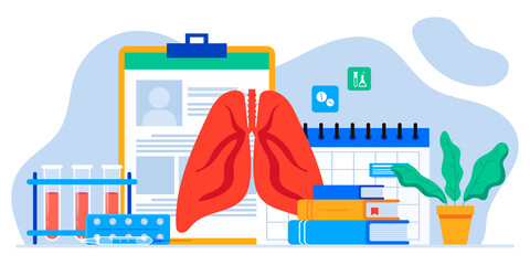Lung inspection. Pulmonology of human vector illustration for website, app, banner. Fibrosis, virus, tuberculosis, pneumonia, cancer, lung diagnosis doctors treat, scan lungs. Medical office equipment