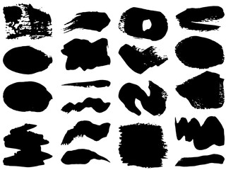 Brush strokes. Vector paintbrush set. Grunge design elements. Rectangle text boxes. Dirty distress texture banners. Ink splatters. Grungy painted objects