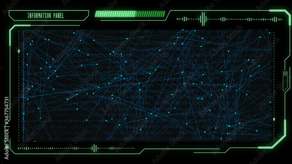 Fototapete Technology Futuristic UI HUD Big Data Digital Number Conde Information Screen Display Monitor. Particle Statistic Digit Random Security Code Virtual Reality Network Graphic Design.