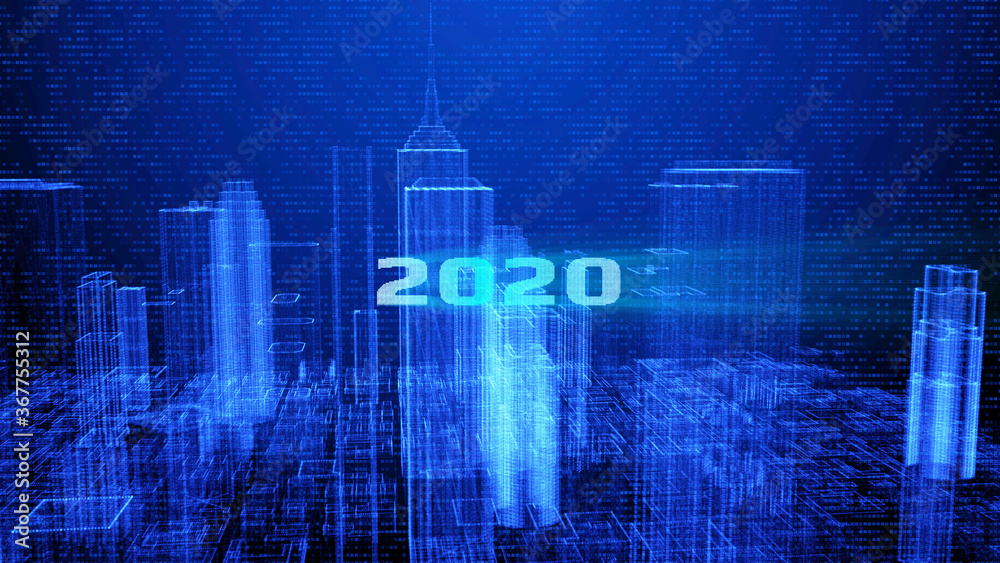 Poster HUD Futuristic Big Data Digital City Town Element Analysis Illustration. 3D Rendering Blue Wireframe Structure Building Screen Interface Sci fi.
