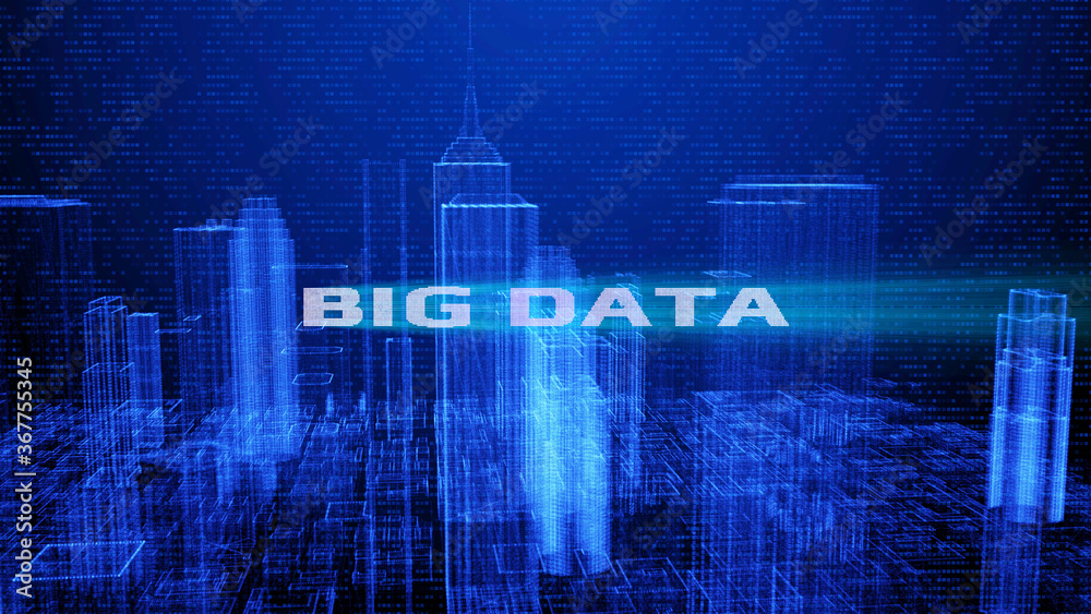 Poster HUD Futuristic Big Data Digital City Town Element Analysis Illustration. 3D Rendering Blue Wireframe Structure Building Screen Interface Sci fi.