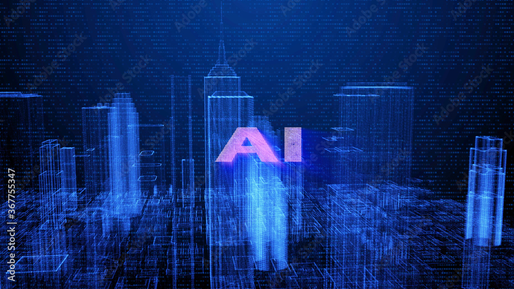 Poster HUD Futuristic Big Data Digital City Town Element Analysis Illustration. 3D Rendering Blue Wireframe Structure Building Screen Interface Sci fi.