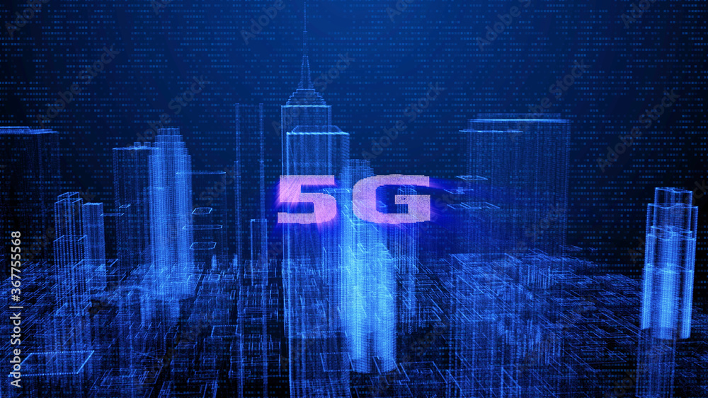 Fototapete HUD Futuristic Big Data Digital City Town Element Analysis Illustration. 3D Rendering Blue Wireframe Structure Building Screen Interface Sci fi.