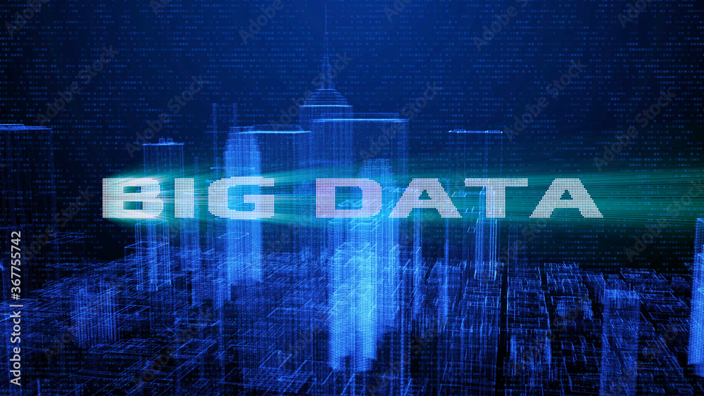 Poster HUD Futuristic Big Data Digital City Town Element Analysis Illustration. 3D Rendering Blue Wireframe Structure Building Screen Interface Sci fi.