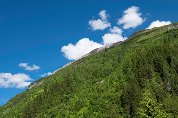 green mountain with blue sky with white clouds in two parts