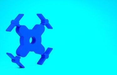 Blue Drone flying icon isolated on blue background. Quadrocopter with video and photo camera symbol. Minimalism concept. 3d illustration 3D render.