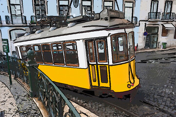 famous yellow tramway number 28 in a street of  Alfama district in Lisbon , Portugal