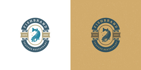 Seafood logo or sign vector illustration fish market and restaurant emblem template design salmon fish silhouette