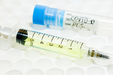 Medical needle and blood tube, corona virus or covid-19 vaccine.