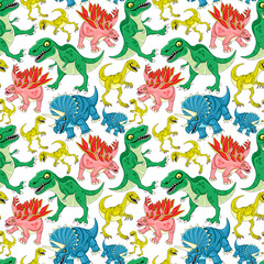 Seamless pattern with funny dinosaurs on white background.