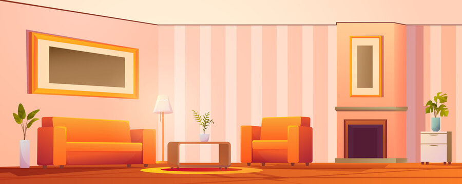 Living room Interior. Vector banner. Retro modern home interior design and decor accessories.