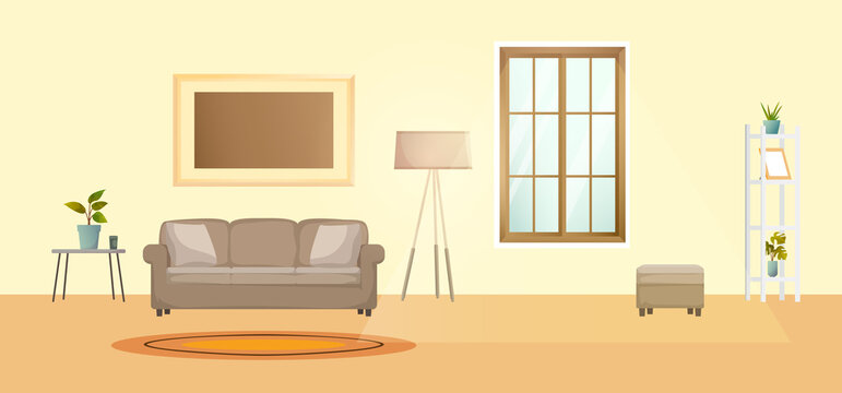 Living room Interior. Vector banner. Retro modern home interior design and decor accessories.