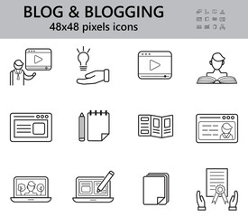 Blogging icons set. Universal writer, copy writing icon to use in web and mobile UI. 48x48 Pixel Perfect. You-tuber and video blogger symbol