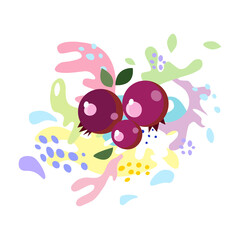 Splashes and falling, motion of a fluid, cranberries with a splash of juice and yogurt, drops and stains. Abstract vector illustrations