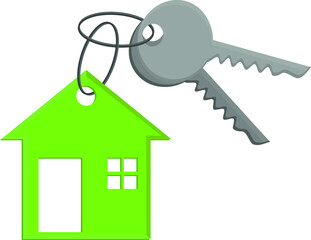 Keys with a green keychain for the house. Vector illustration isolated on white background.