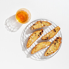 Sweet cantuccini biscuits and sweet wine. Homemade Italian biscotti cookies