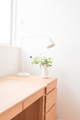 観葉植物と木製机とデスクライト