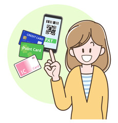 色々なキャッシュレス決済の説明をする若い女性のイラスト